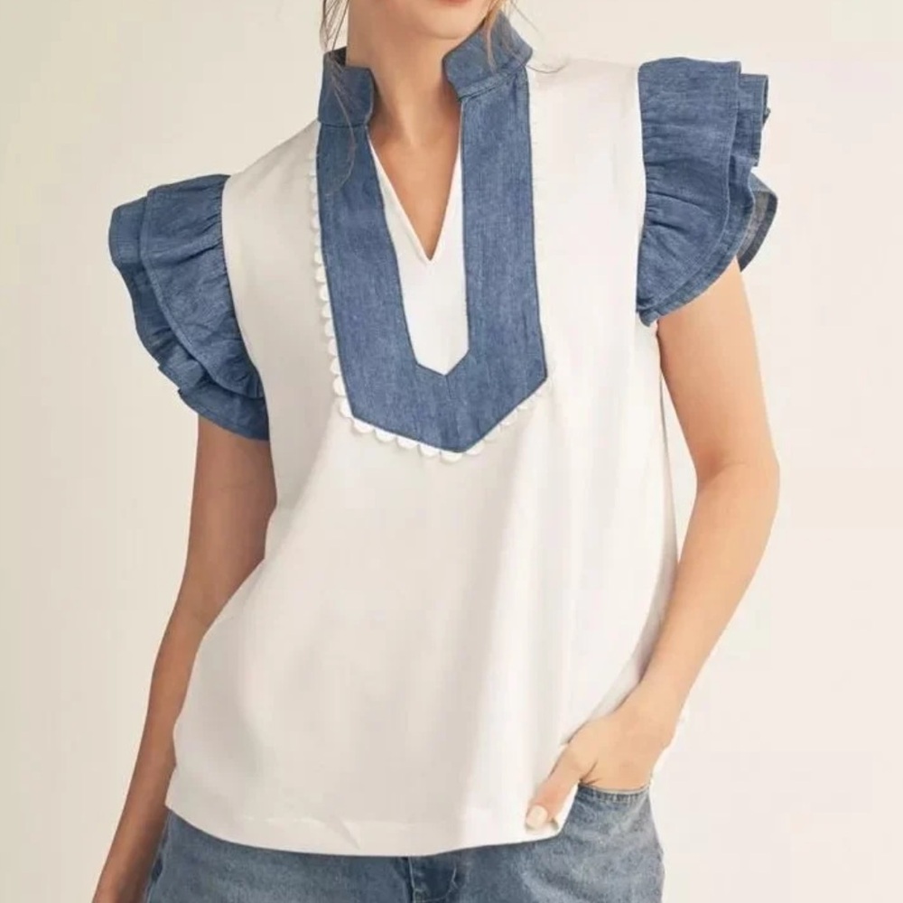 Jodifl Sleeveless White Top with Blue Chambray Trim
